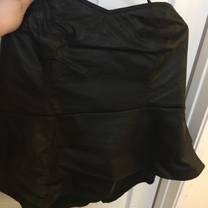Black faux leather strapless peplum top